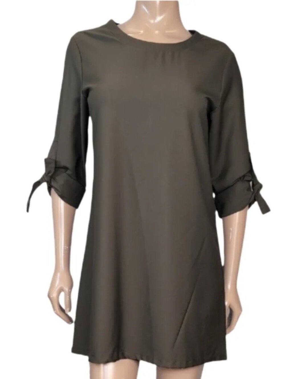 Yoins Tunic Shirt Dress Tie Sleeve Mini Shift Fall Olive Green Womens Medium